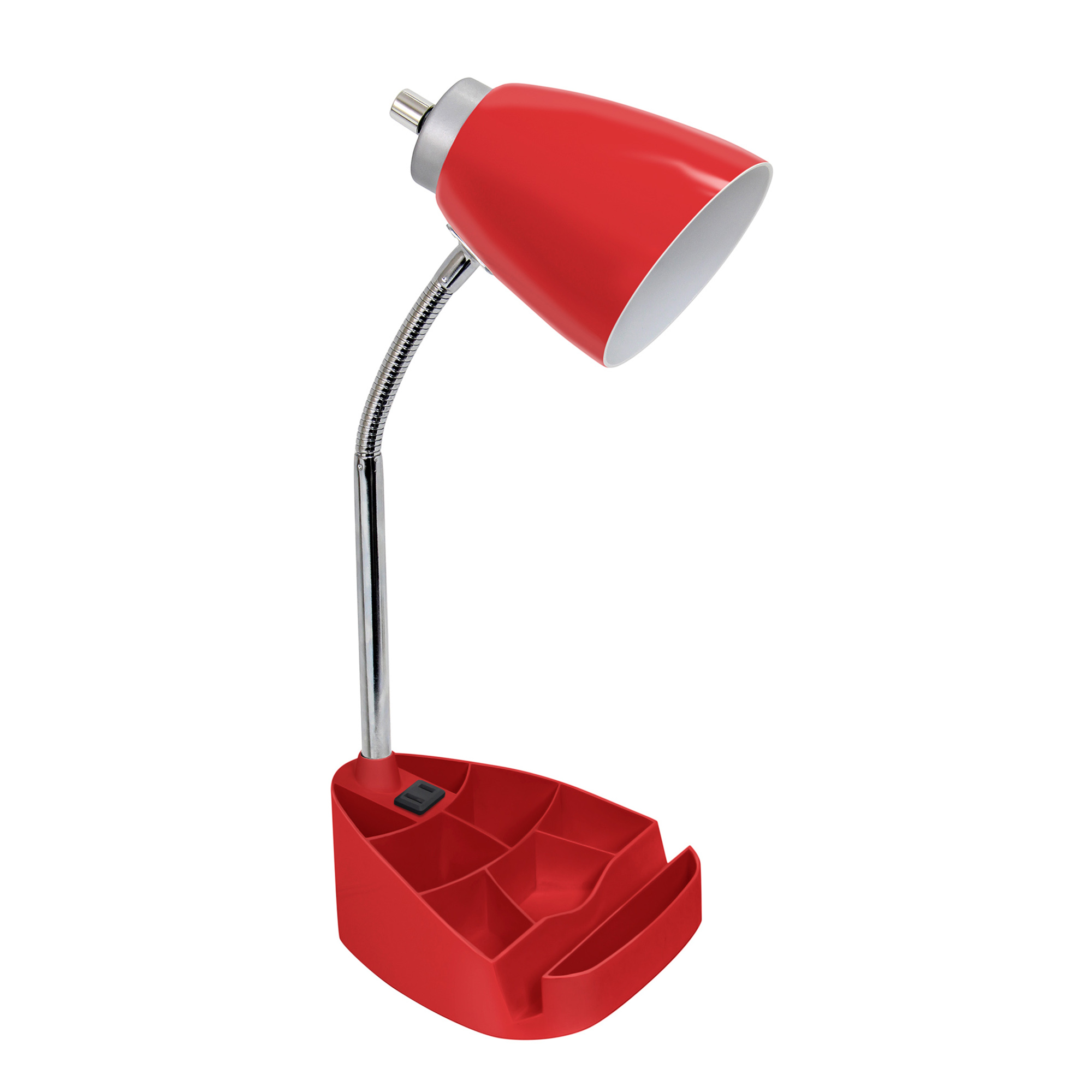 Simple Designs Gooseneck Organizer Desk Lamp with iPad Tablet Stand Book Holder and Charging Outlet, Red