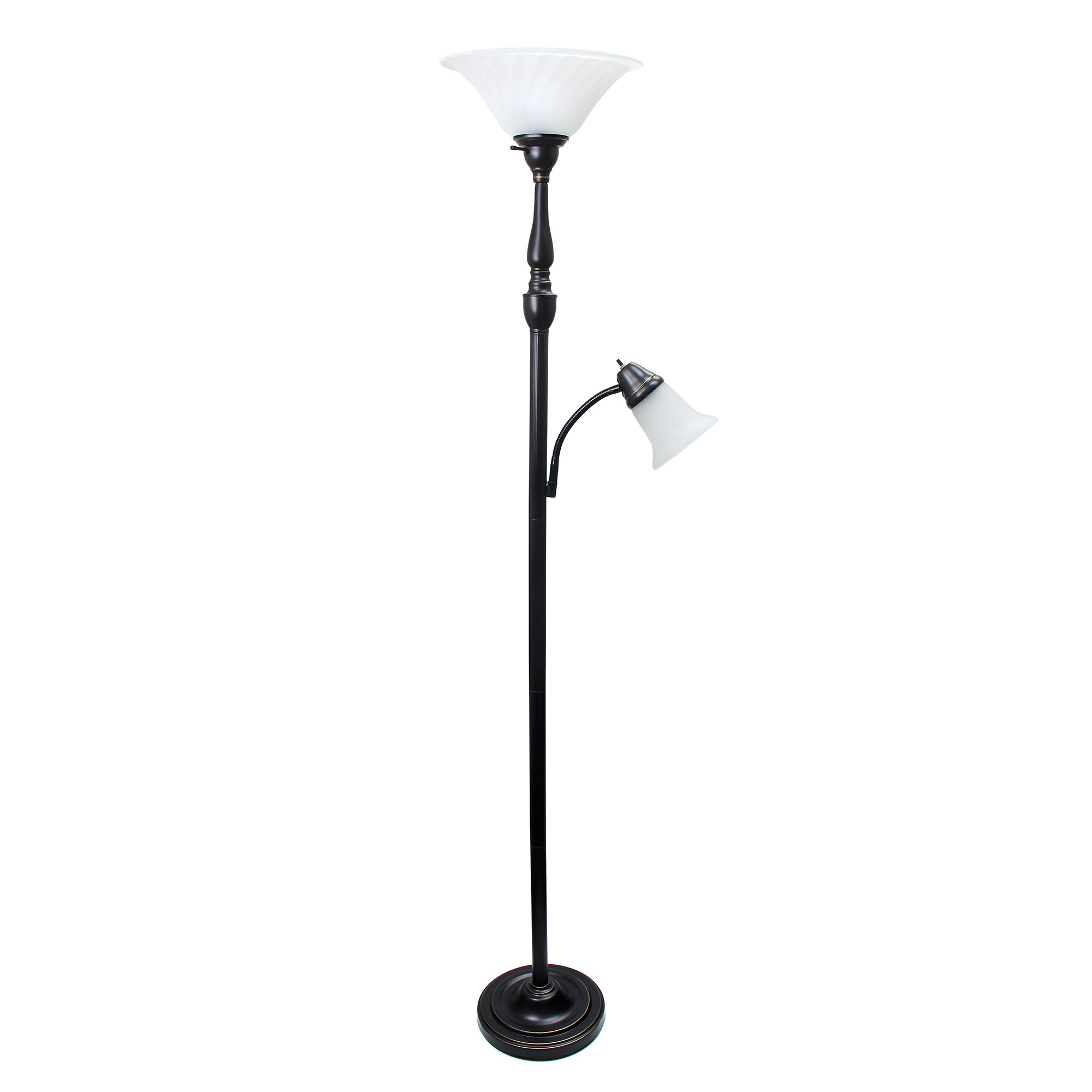 Lalia Home Torchiere Floor Lamp with Reading Light and Marble Glass Shades, Restoration Bronze