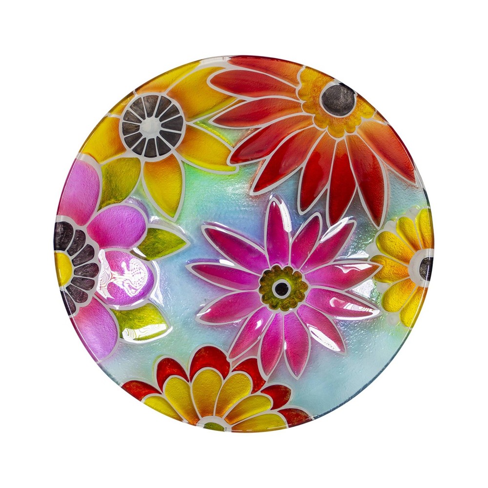 18" Glass Birdbath with Colorful Flowers Paint Finish
