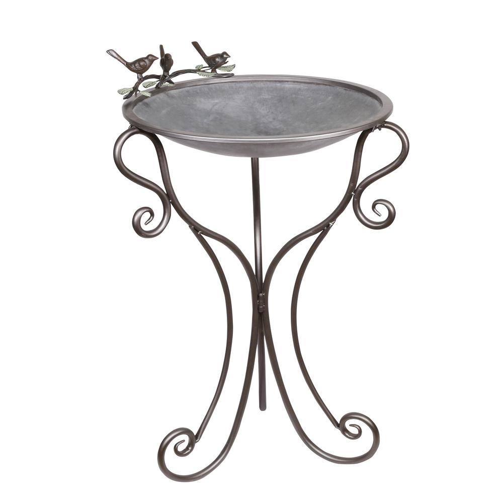 Metal Birdbath with Birds and Leaves - Gray