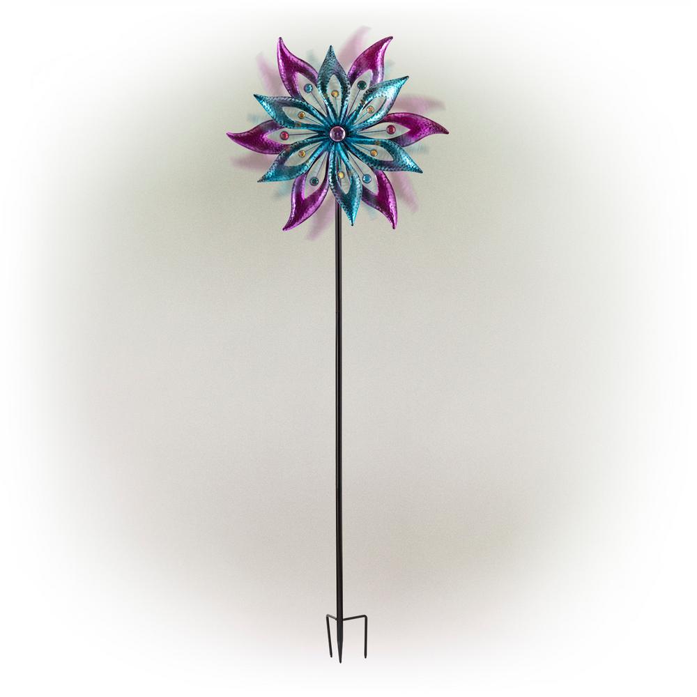 Jeweled Colorful Metal Dual Floral Wind Spinner Garden Stake