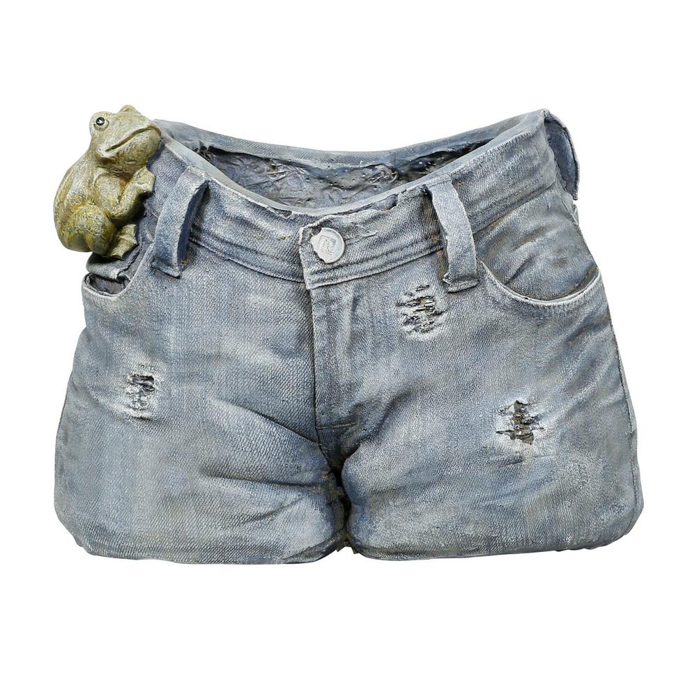 Rugged Denim Shorts Flower Planter with Frog