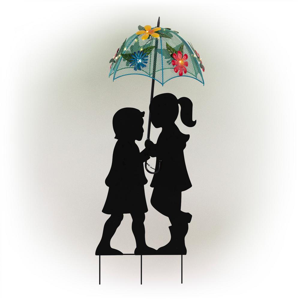 Boy & Girl Silhouettes Holding Solar Lighted Umbrella