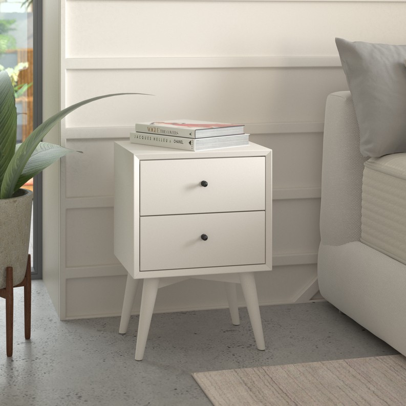 Flynn Mid Century Modern 2 Drawer Nightstand, White