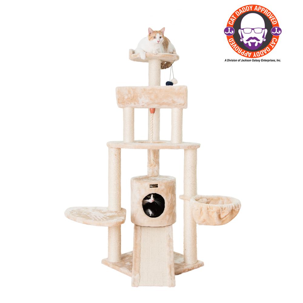Armarkat Spacious Thick Fur Real Wood Cat Tower With Basket Lounge, Ramp, Beige A5806