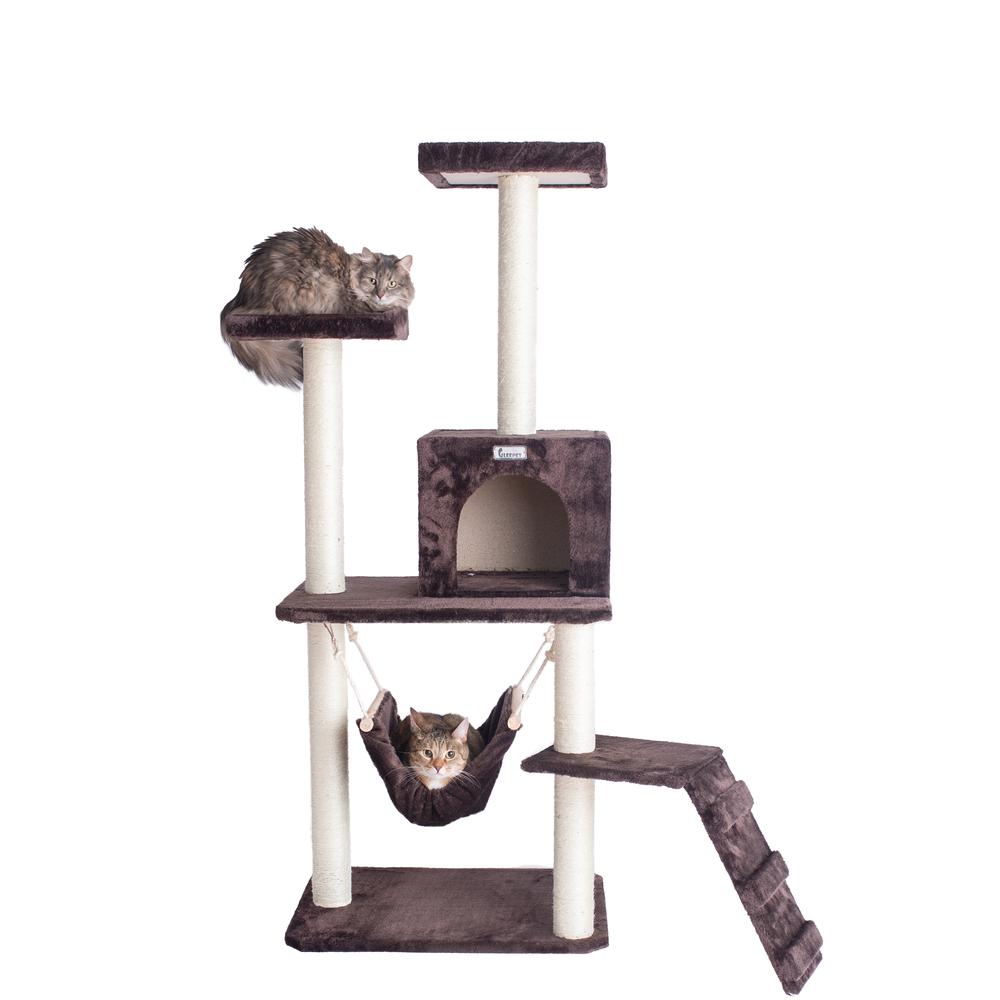 GleePet GP78570923  57-Inch Real Wood Cat Tree In Coffee Brown With Four Levels, Ramp, Hammock And Condo