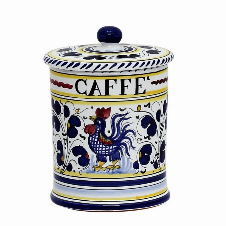 ORVIETO ROOSTER Canisters - 4.5 DIAM. X 6 HIGH (Dimensions measured in Inches) Blue Caffe' (Coffee) Container Canister