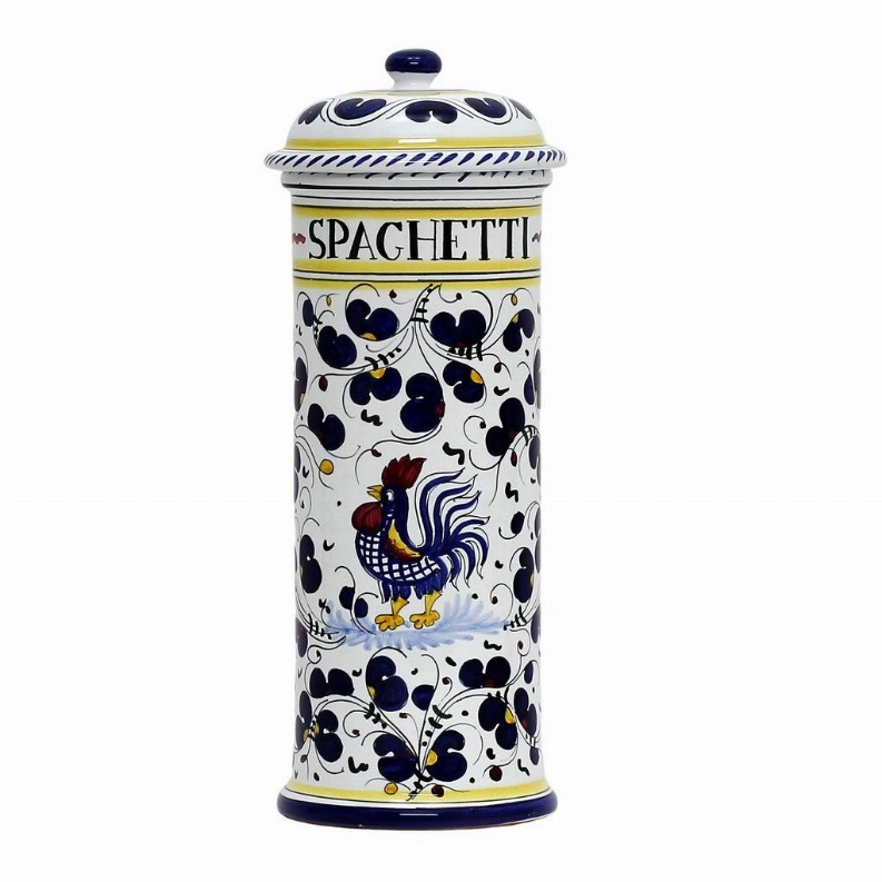 ORVIETO ROOSTER Canisters - 5 DIAM. X 13 HIGH (Dimensions measured in Inches) Blue Spaghetti Container Canister