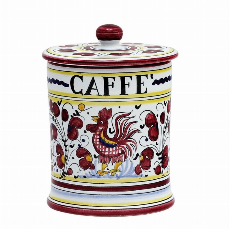 ORVIETO ROOSTER Canisters - 4.5 DIAM. X 6 HIGH (Dimensions measured in Inches) Red Caffe' (Coffee) Container Canister