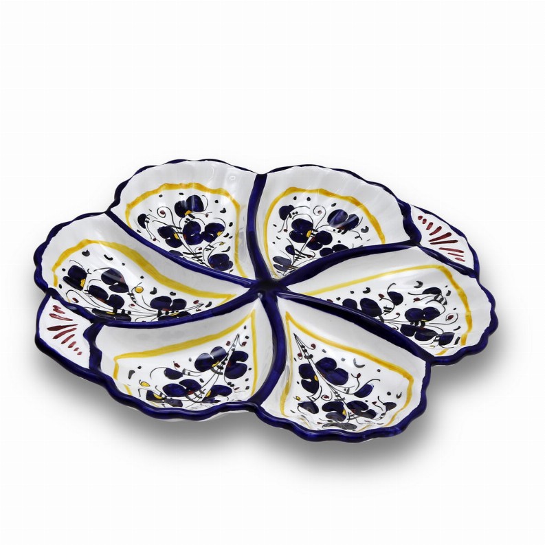 ORVIETO ROOSTER: Serving Tray - 13 DIAM x 2 HIGH (Dimensions measured in Inches) Blue Snack Tray Fiore/Shell - Six Compartments