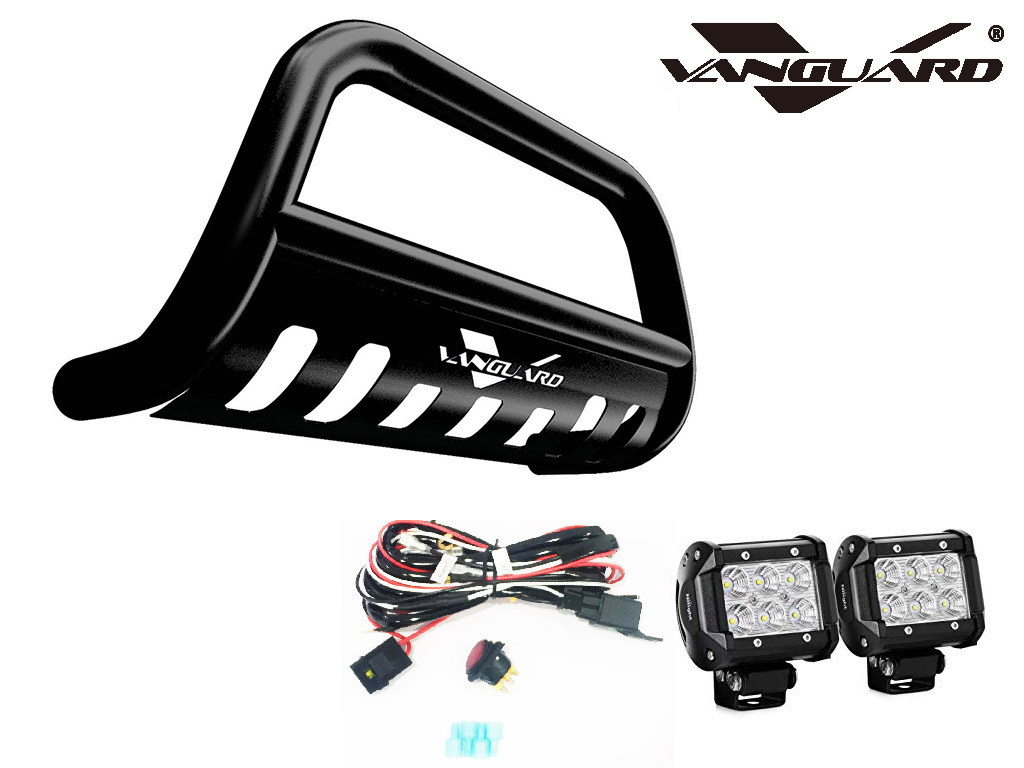 VGUBG-1173-1229BK 3 inch Black Bull Bar with Skid Plate and 2 PC LED Cubes