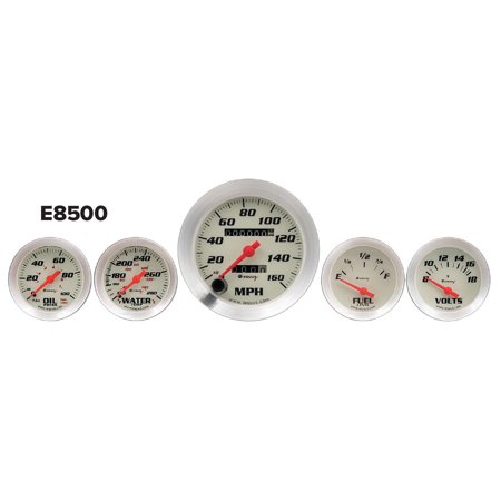 GAUGE SET,3-3/8IN MECH SPEEDO,2IN OILP/WTEMP/FUEL/VOLT,WHT,SLVR,8000 SERIES