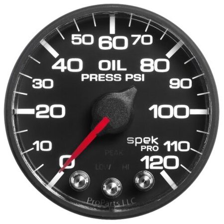 GAUGE, OIL PRESS, 2 1/16IN, 120PSI, STEPPER MOTOR W/PEAK & WARN, BLACK, SPEK-PRO