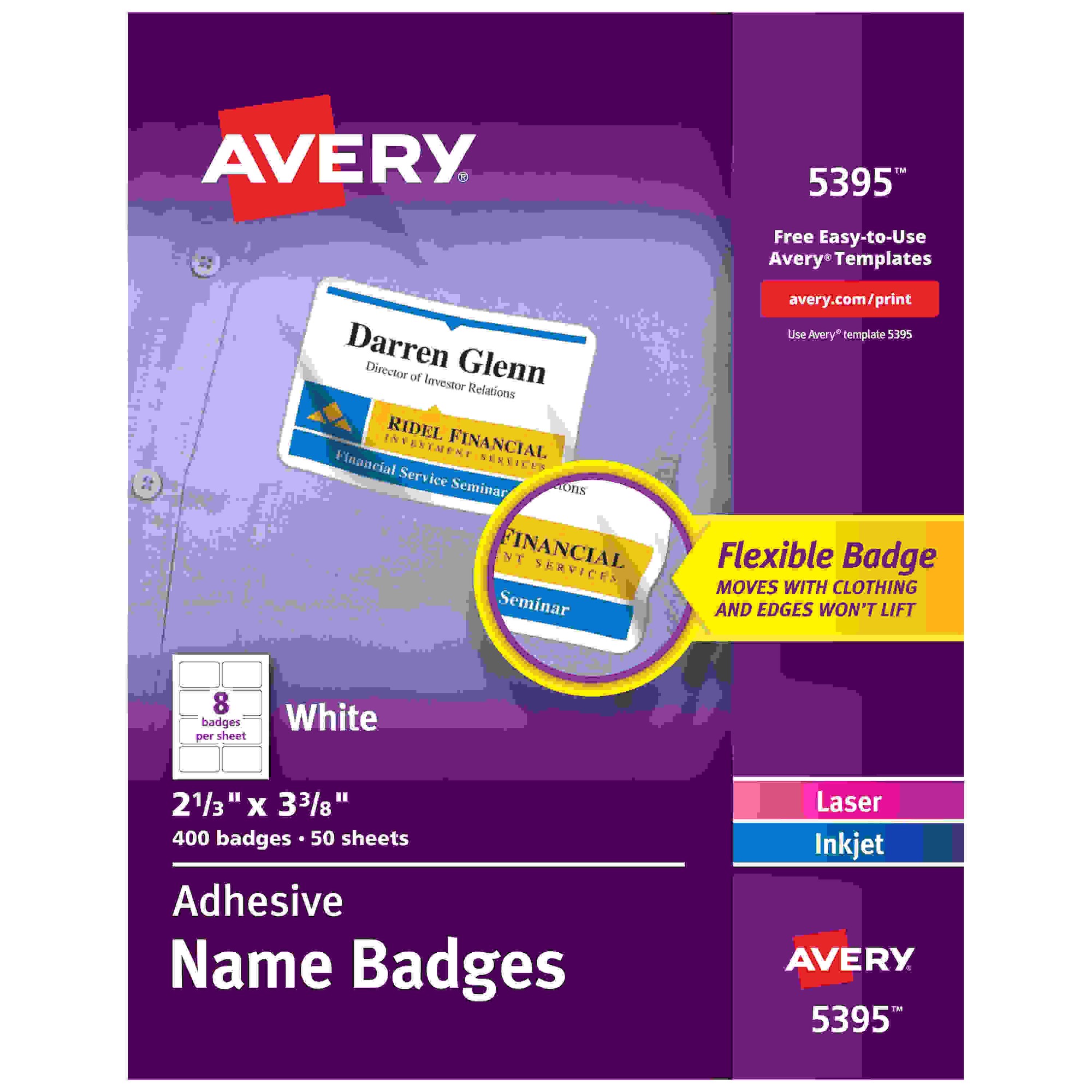 Avery Adhesive Name Badges - 2 21/64" Width x 3 3/8" Length - Removable Adhesive - Rectangle - Laser, Inkjet - White - Film