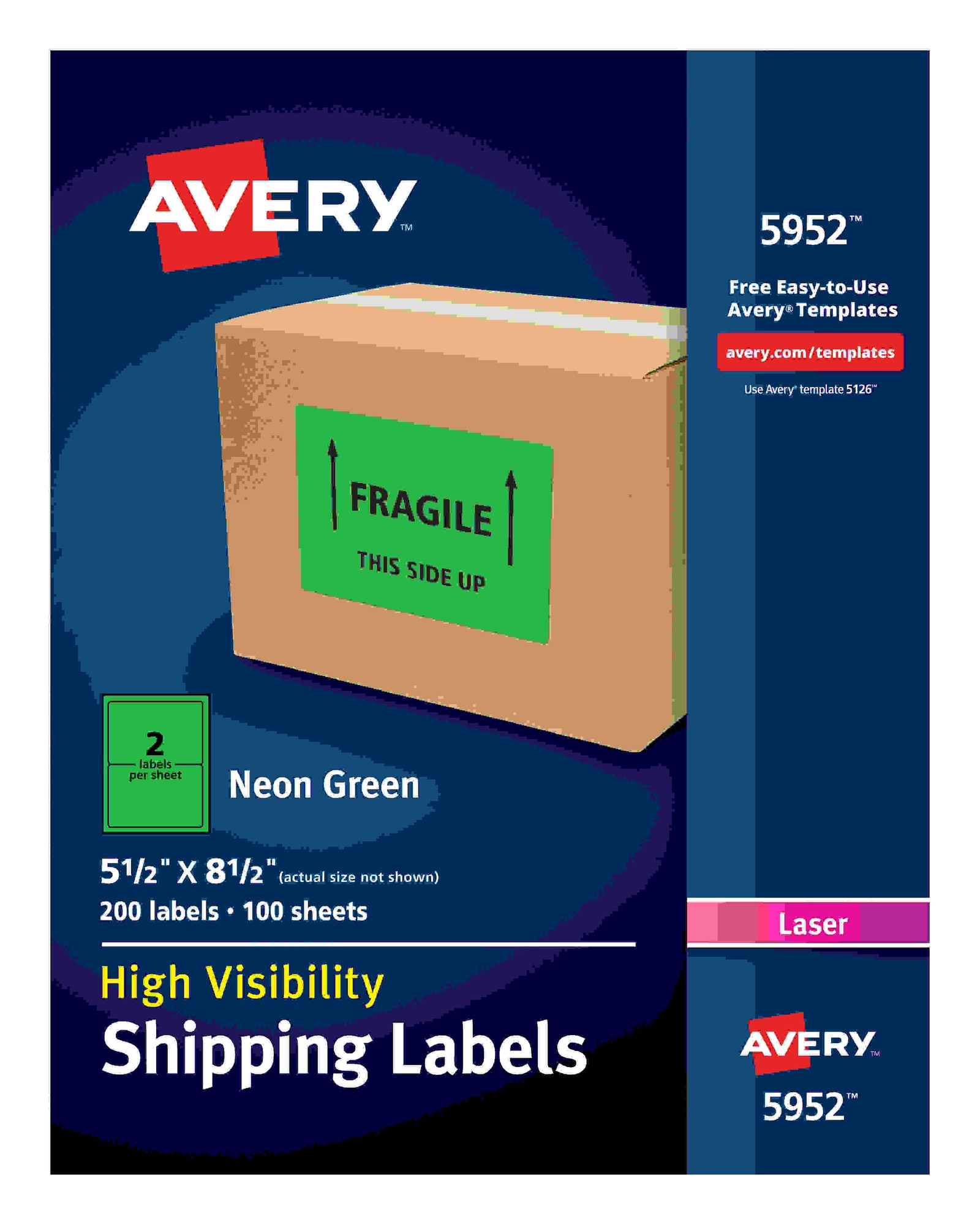 Avery High Visibility Neon Shipping Labels - 5 1/2" Width x 8 1/2" Length - Permanent Adhesive - Rectangle - Laser - Neon G
