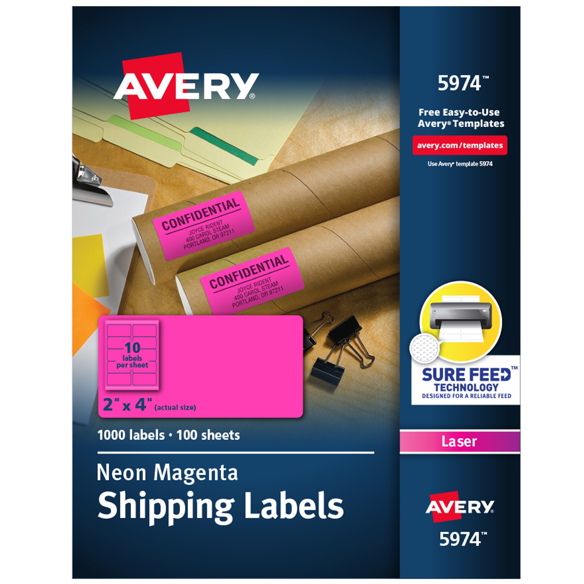 Avery High Visibility Neon Shipping Labels - 2" Width x 4" Length - Permanent Adhesive - Rectangle - Laser - Neon Magenta -