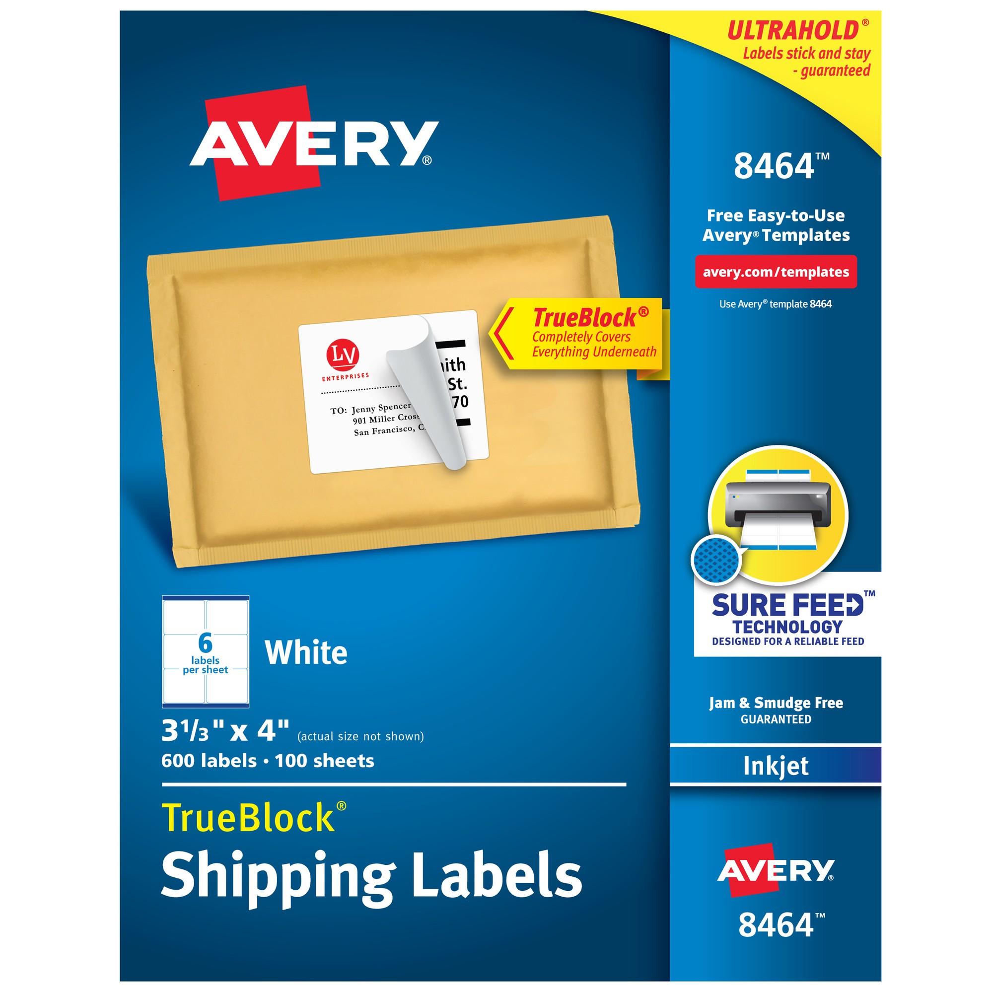 Avery TrueBlock Shipping Labels - 3 21/64" Width x 4" Length - Permanent Adhesive - Rectangle - Inkjet - White - Paper - 6 