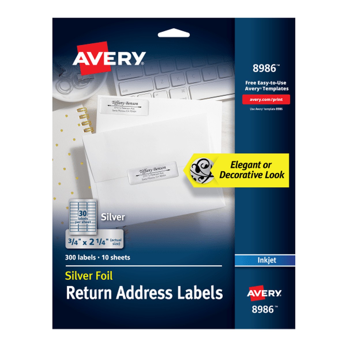 Avery Gold Foil Mailing Labels - 3/4" Width x 2 1/4" Length - Permanent Adhesive - Rectangle - Inkjet - Silver - Paper - 30