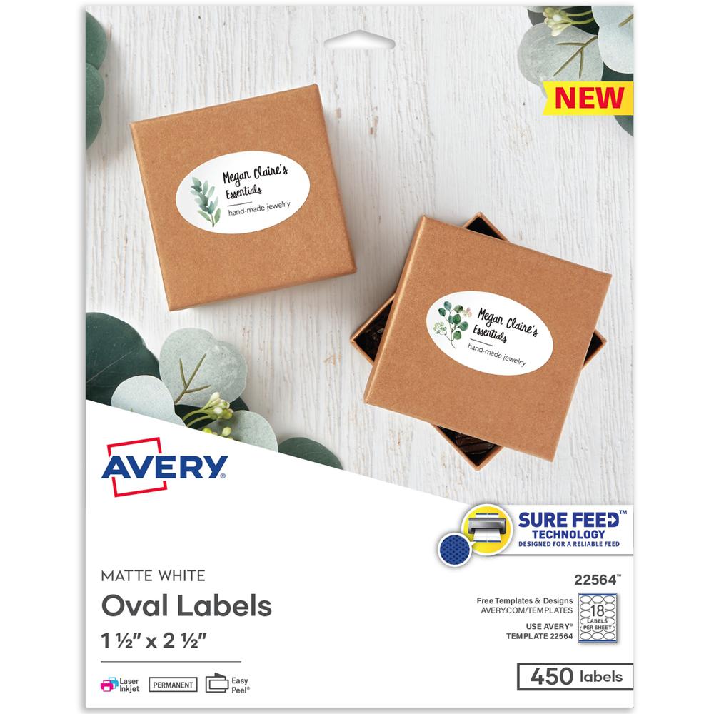 Avery Easy Peel Oval Labels, 22564, 2-1/2"W x 1-1/2"D, White, Pack Of 450 - 1 1/2" Height x 2 1/2" Width - Perman