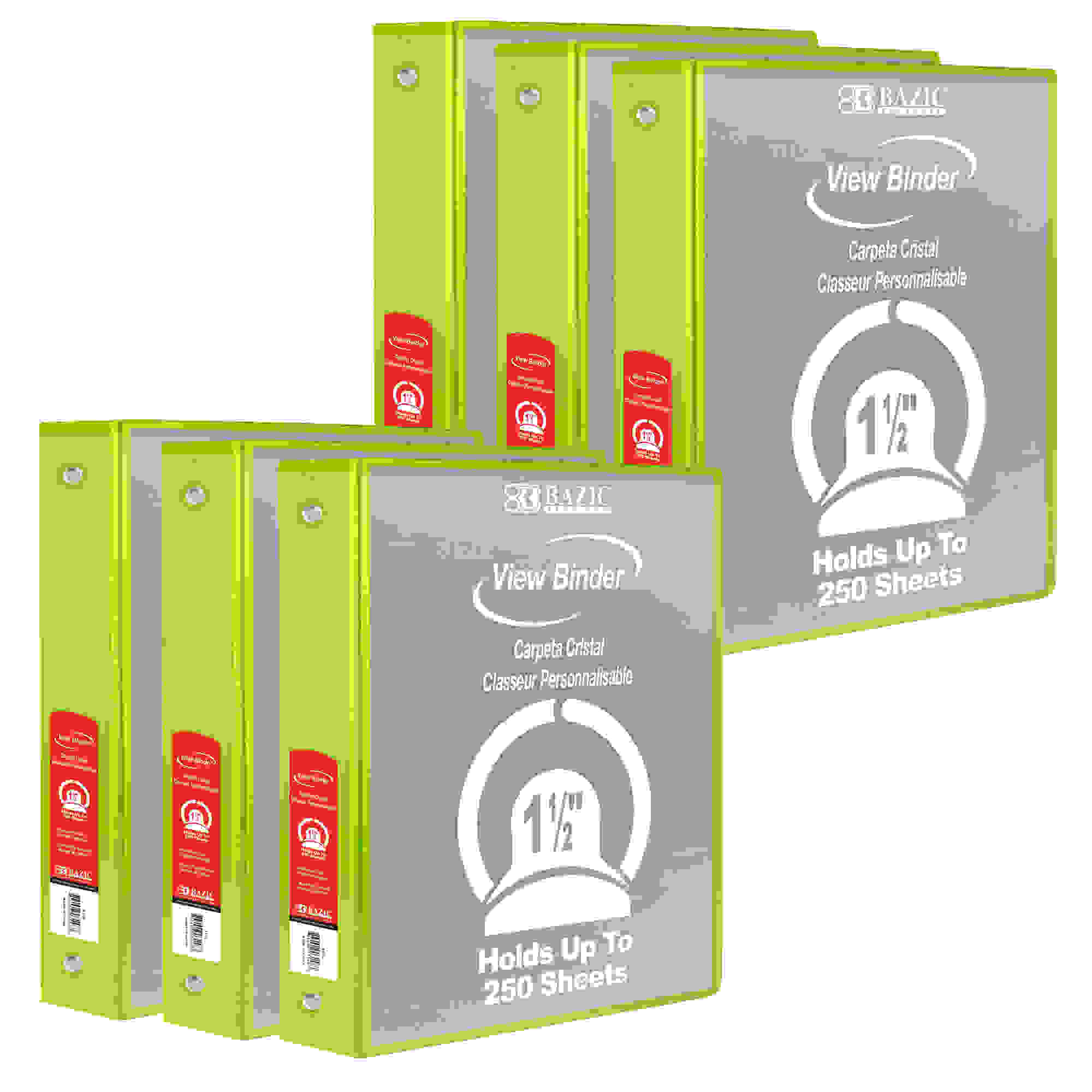 3-Ring View Binder with 2 Pockets, 1.5", Lime Green, Pack of 6