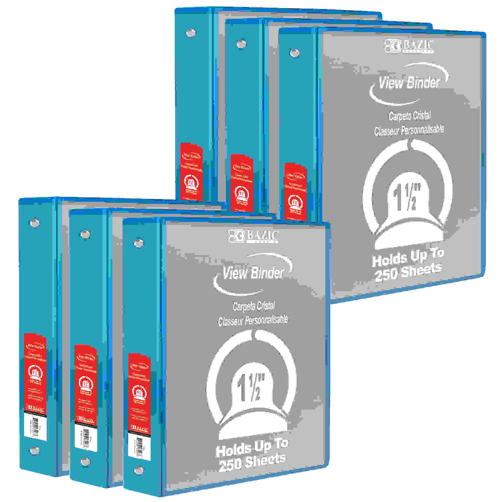 3-Ring View Binder with 2 Pockets, 1.5", Cyan, Pack of 6