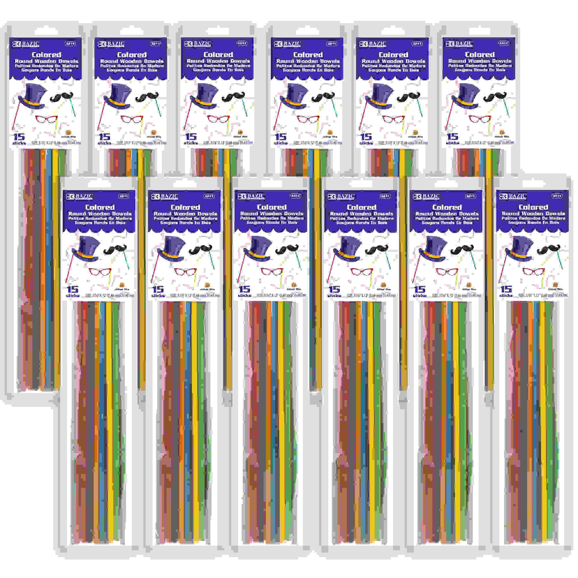 Round Multi-Colored Wooden Dowel, 3/16" x 12", 15 Per Pack, 12 Packs