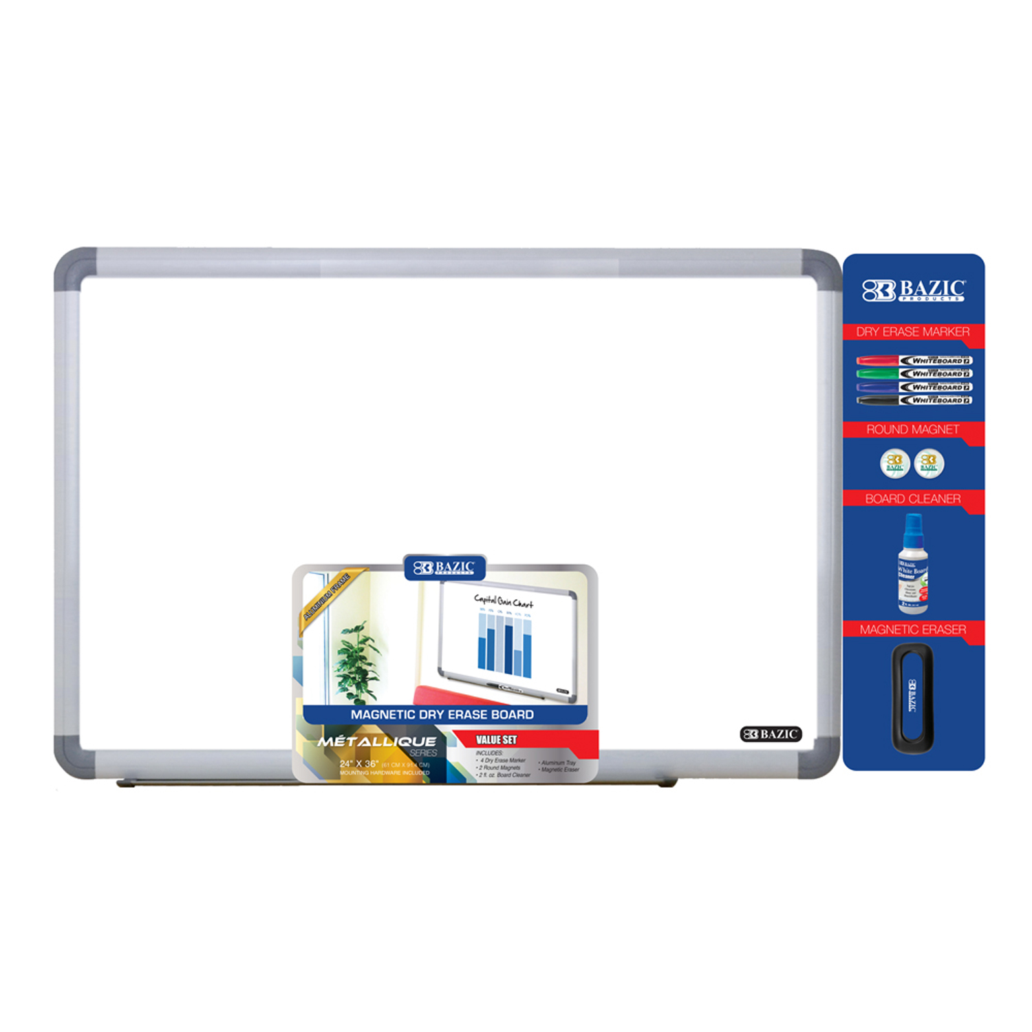 Aluminum Frame Magnetic Dry Erase Board Value Pack, 24" x 36"