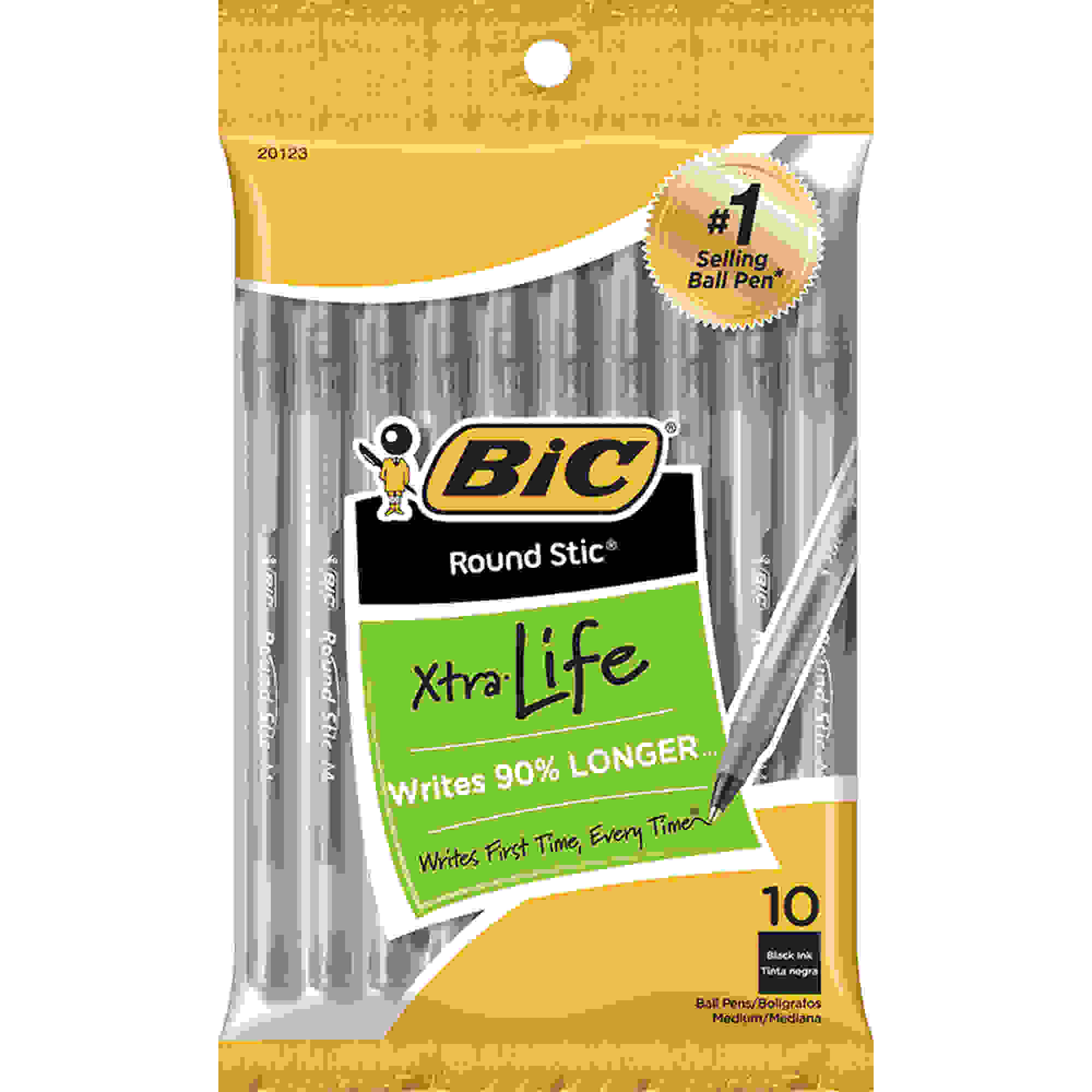 Round Stic Xtra Life Ballpoint Pen, Medium Point (1.0mm), Black, Pack of 10