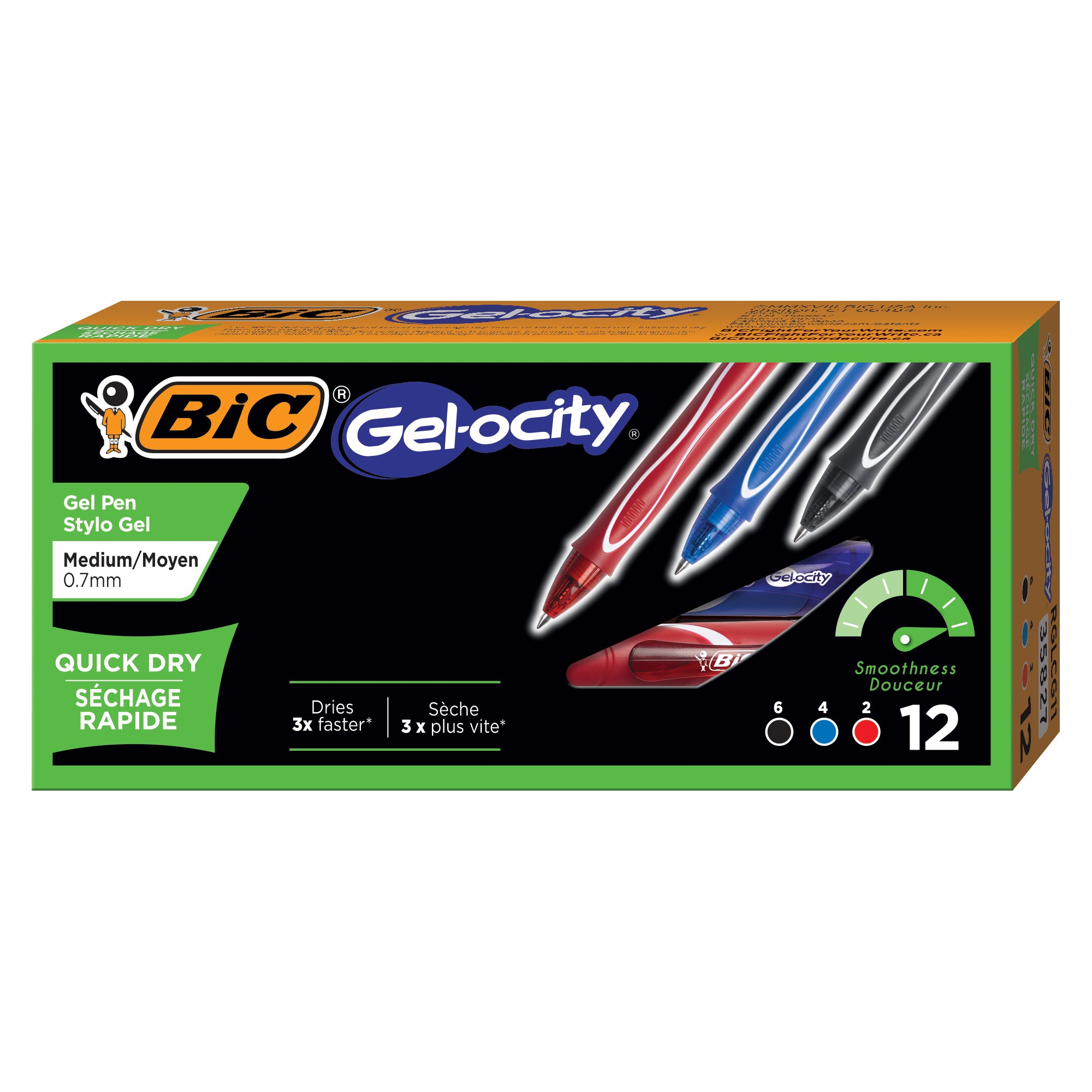 Gel-ocity Quick Dry Retractable Gel Pens, Assorted Black, Blue and Red, Pack of 12