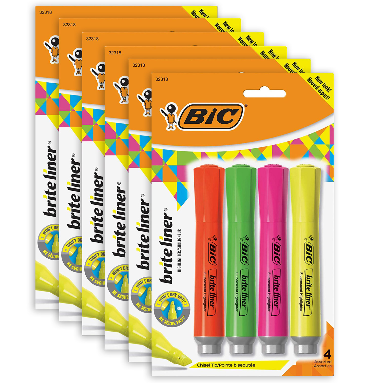 Brite Liner Grip Tank Highlighter, Chisel Tip, Assorted Colors, 4 Per Pack, 6 Packs