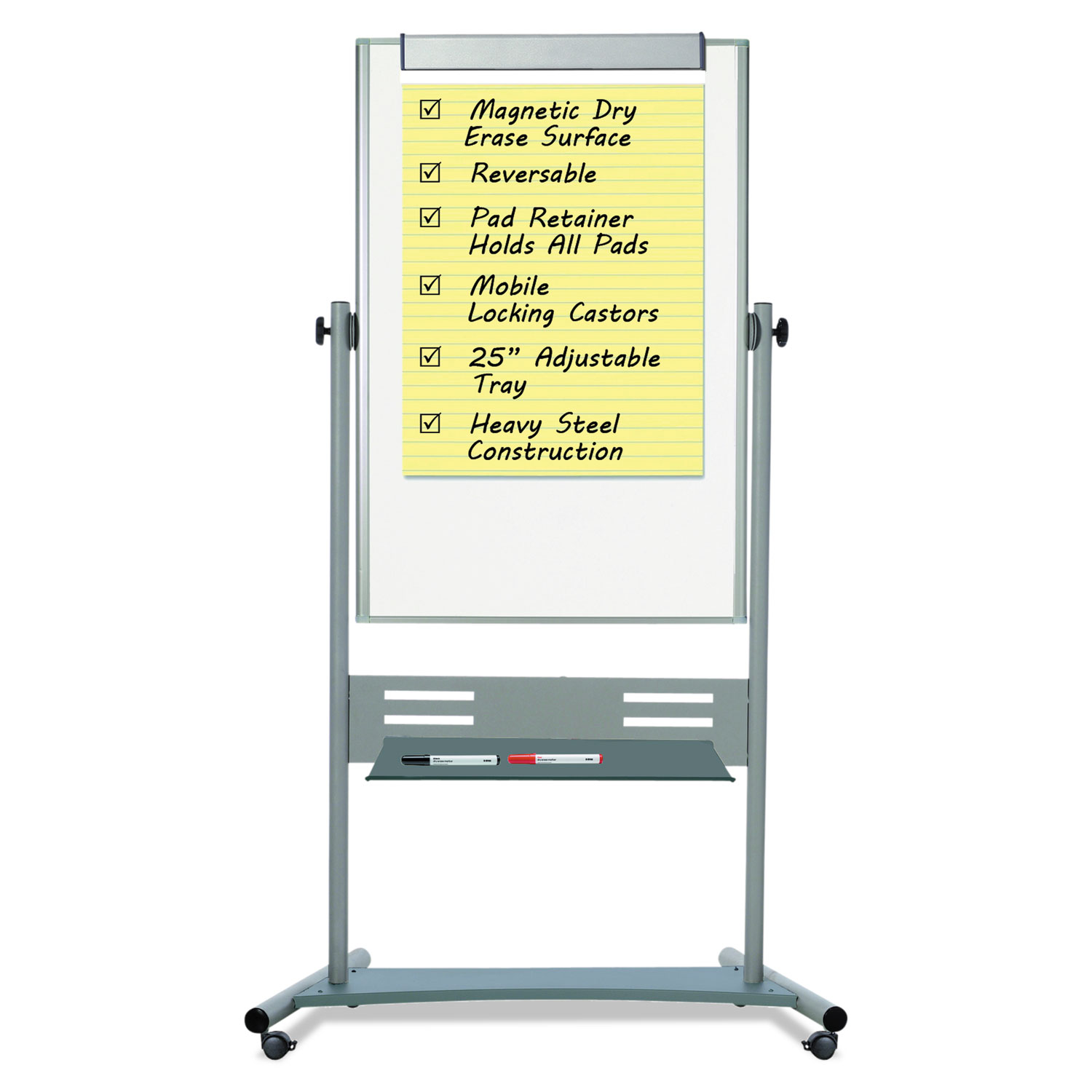 Magnetic Reversible Mobile Easel, 35 2/5w x 47 1/5h, 80"h Easel, White/Silver