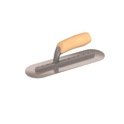 ROUND END FINISHING TROWEL - 12" x 3 1/2" - LONG SHANK WITH WOOD HANDLE