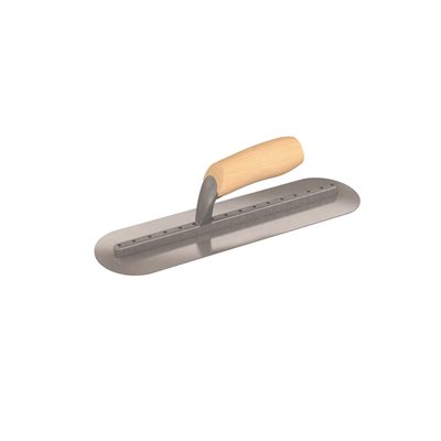 ROUND END FINISHING TROWEL - 14" x 4" - LONG SHANK WITH WOOD HANDLE