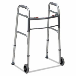 Two-Button Release Folding Walker with Wheels, Silver/Gray, Aluminum, 32-38"H