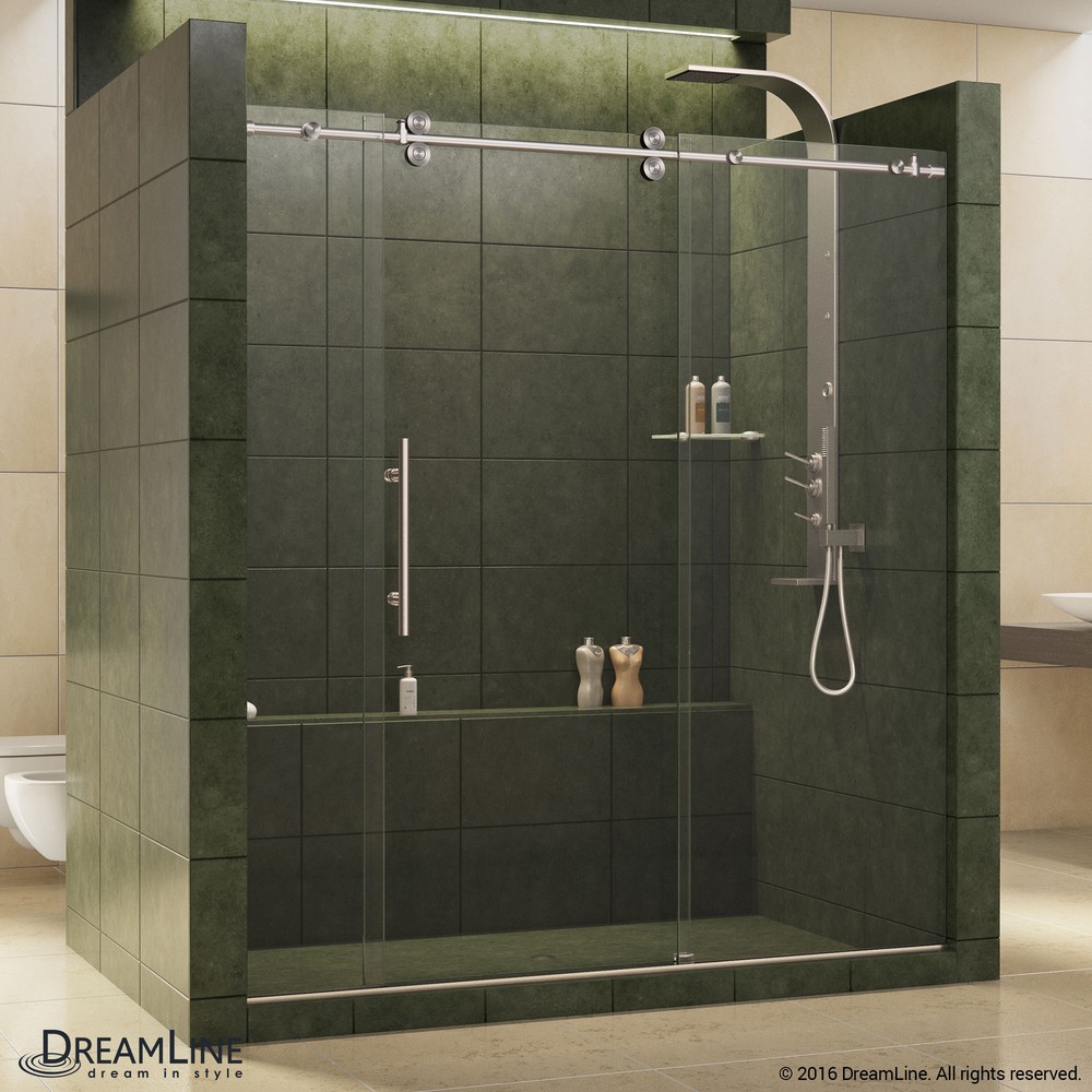 DreamLine Enigma 36 in. D x 60 1/2 in. W x 79 in. H Frameless Sliding Shower Enclosure in Brushed Stainless Steel, 1/2 in. Glass