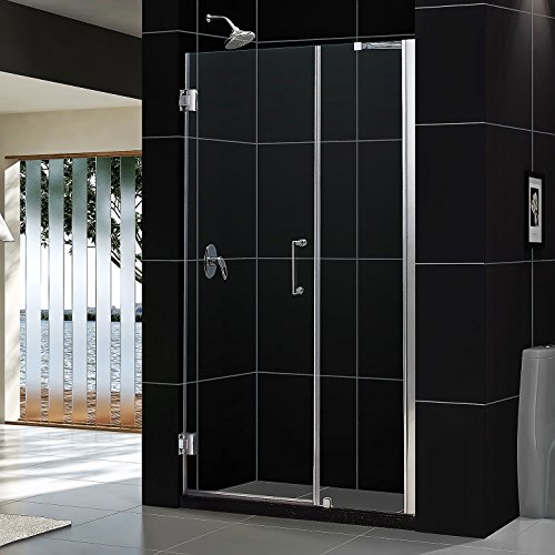 Unidoor 43 to 44" Frameless Hinged Shower Door, Clear 3/8" Glass Door, Brushed Nickel