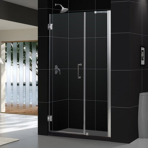 Unidoor 47 to 48" Frameless Hinged Shower Door, Clear 3/8" Glass Door, Brushed Nickel