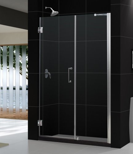 Unidoor 55 to 56" Frameless Hinged Shower Door, Clear 3/8" Glass Door, Chrome