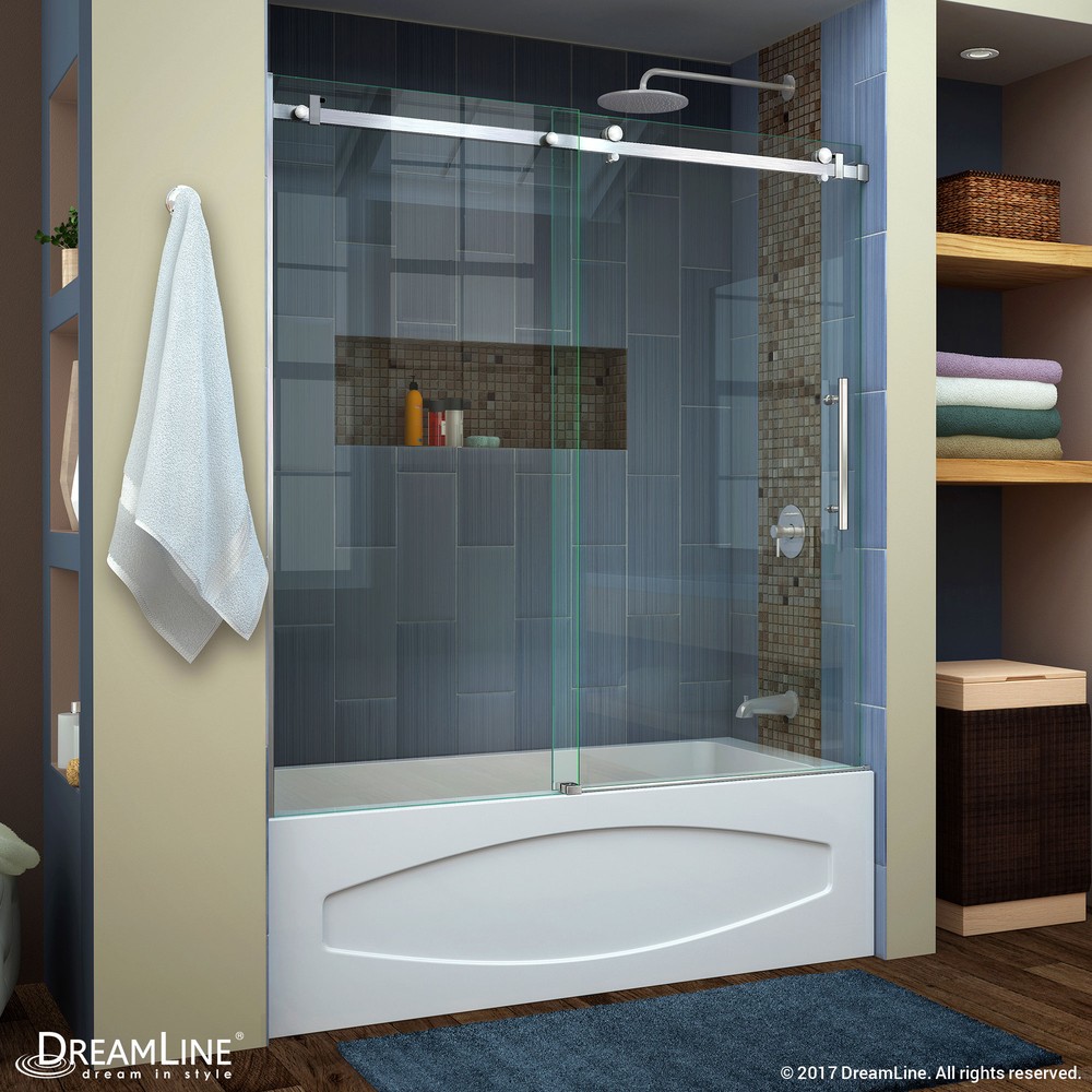 Enigma 56 to 60" Fully Frameless Sliding Shower Door, Clear 1/2" Glass Door, Polished Stainless Steel Finish