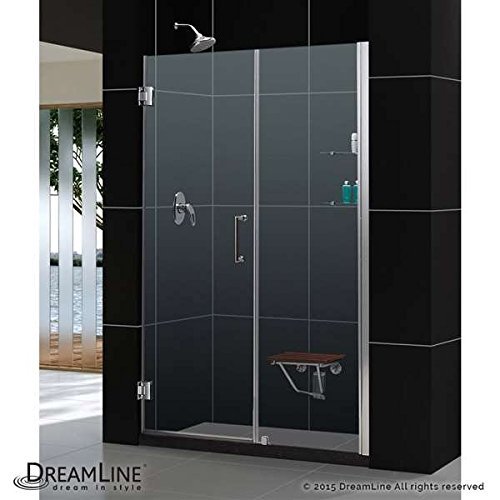 Unidoor 55 to 56" Frameless Hinged Shower Door, Clear 3/8" Glass Door, Chrome