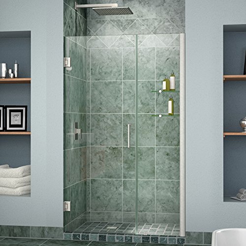 Unidoor 58 to 59" Frameless Hinged Shower Door, Clear 3/8" Glass Door, Brushed Nickel