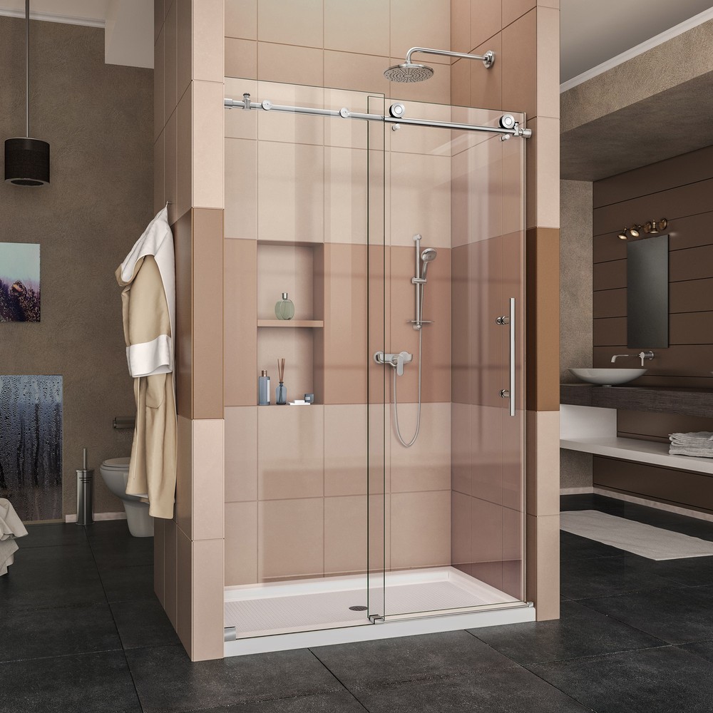 Enigma-X 44 to 48" Fully Frameless Sliding Shower Door, Clear 3/8" Glass Door, Brushed Stainless Steel Finish