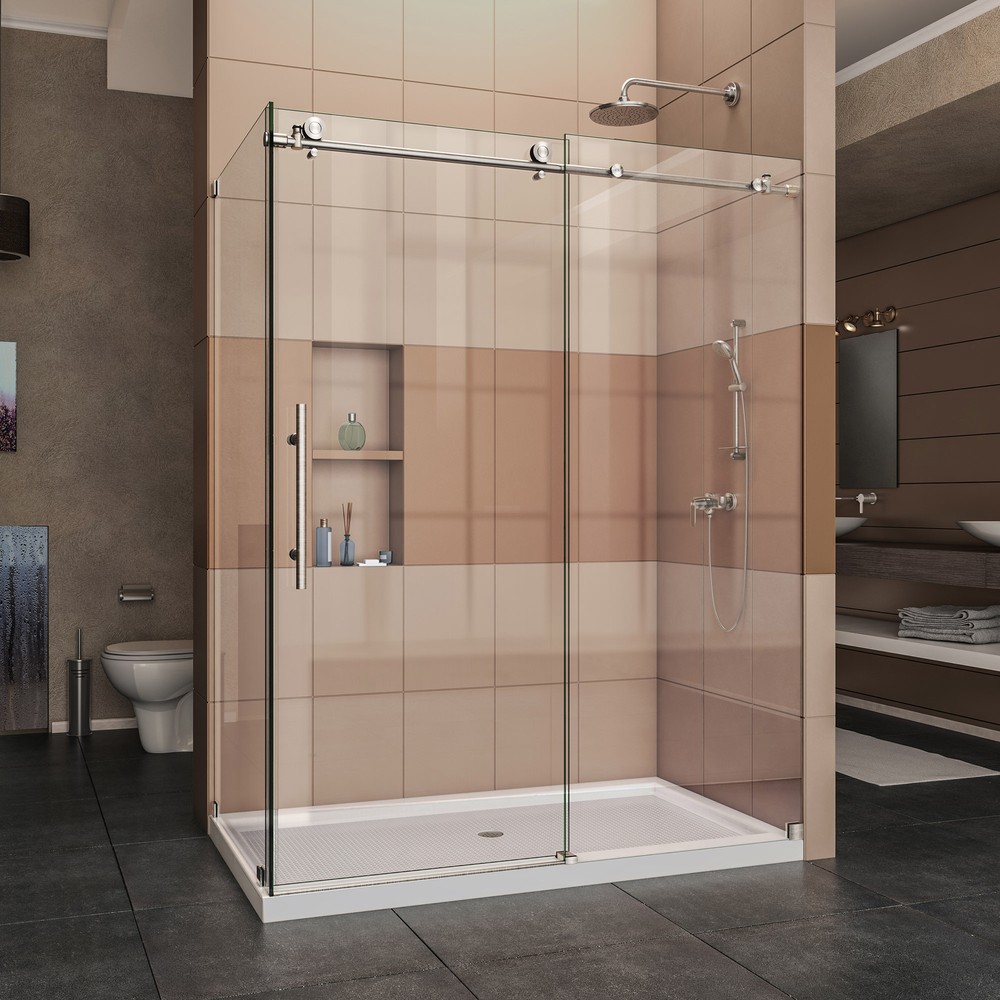 Enigma-X 44 to 48" Fully Frameless Sliding Shower Door, Clear 3/8" Glass Door, Polished Stainless Steel Finish