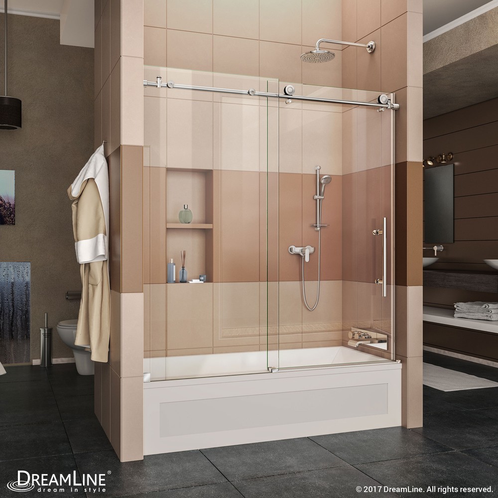 Enigma-X 56 to 59" Frameless Sliding Tub Door, Clear 3/8" Glass Door, Brushed Stainless Steel Finish