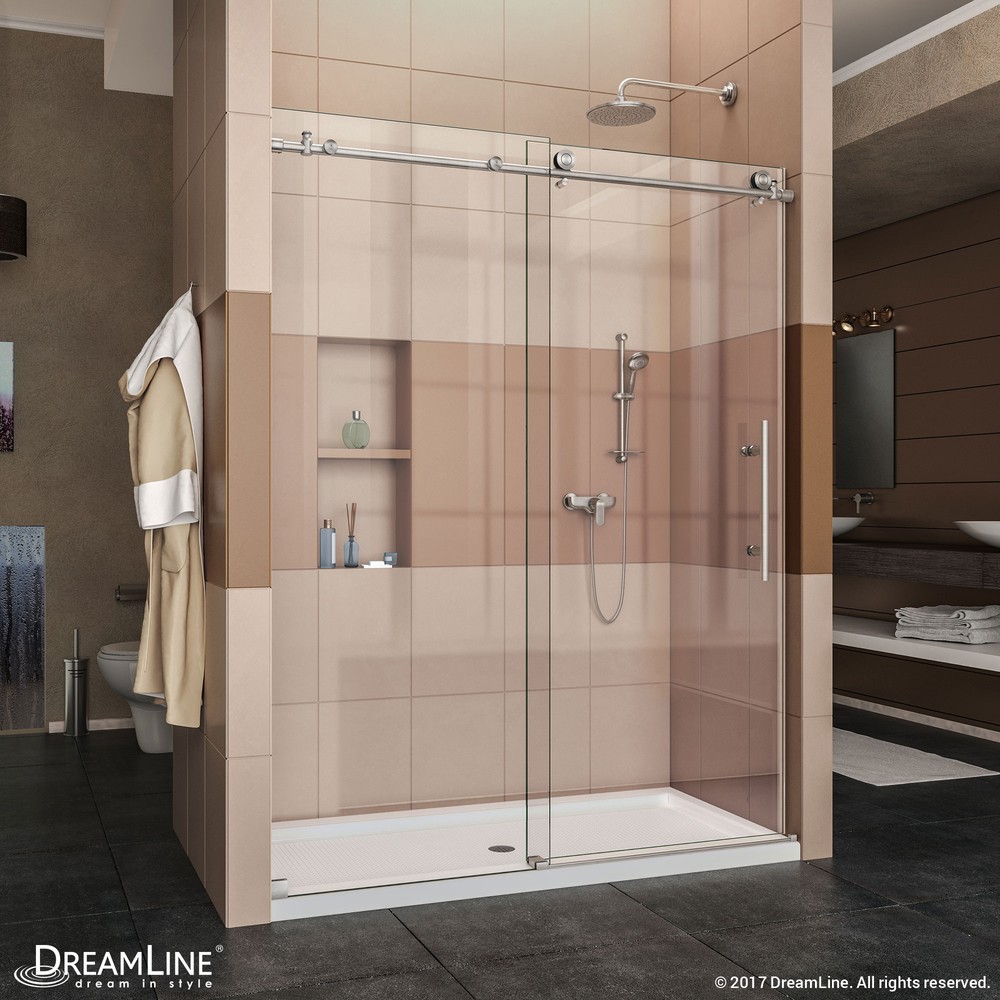 Enigma-X 56 to 60" Fully Frameless Sliding Shower Door, Clear 3/8" Glass Door, Polished Stainless Steel Finish
