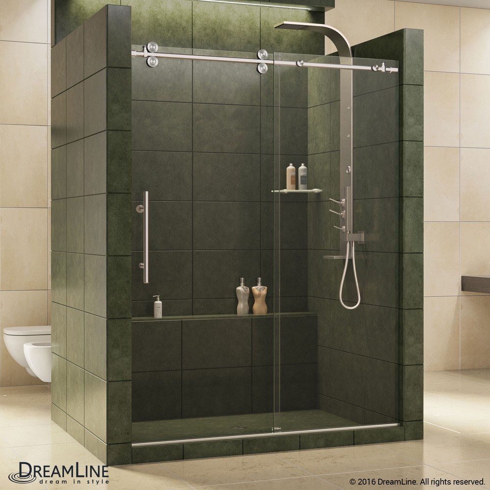 DreamLine Enigma 36 in. D x 68 1/2 - 72 1/2 in. W x 79 in. H Sliding Shower Enclosure in Polished Stainless Steel, 1/2 in. Glass