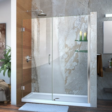 Unidoor 54 to 55" Frameless Hinged Shower Door, Clear 3/8" Glass Door, Chrome