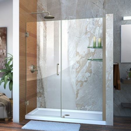 Unidoor 54 to 55" Frameless Hinged Shower Door, Clear 3/8" Glass Door, Brushed Nickel