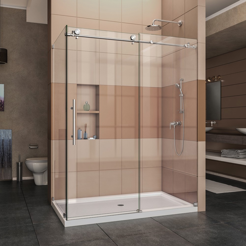 Enigma-X 34-1/2" x 60-3/8" Fully Frameless Sliding Shower Enclosure, Clear 3/8" Glass, Brushed Stainless Steel