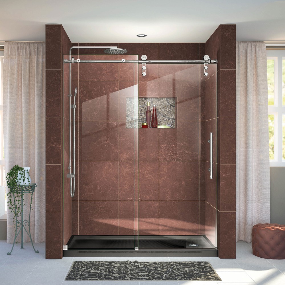 Enigma-Z 34-1/2" x 60-3/8" Fully Frameless Sliding Shower Enclosure, Clear 3/8" Glass, Polished Stainless Steel